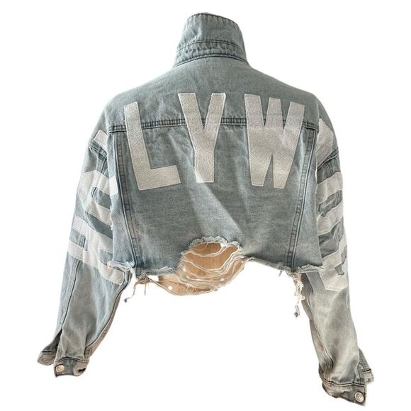 Trio Cropped Distressed Hollywood Denim Jacket Size S - Picture 2 of 7